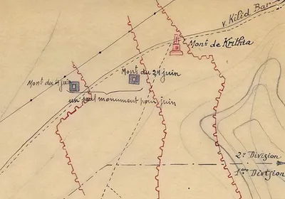 Detail from a sketch map dated 9 November 1919 showing French cemeteries, ossuaries and monuments – ‘planned, in progress and proposed’ – by the director of works for French cemeteries at the Dardanelles, Lieutenant Colonel Lardant. The two June monuments are bracketed with a note – ‘just one monument for June’ – suggesting the initial plan was scaled back.